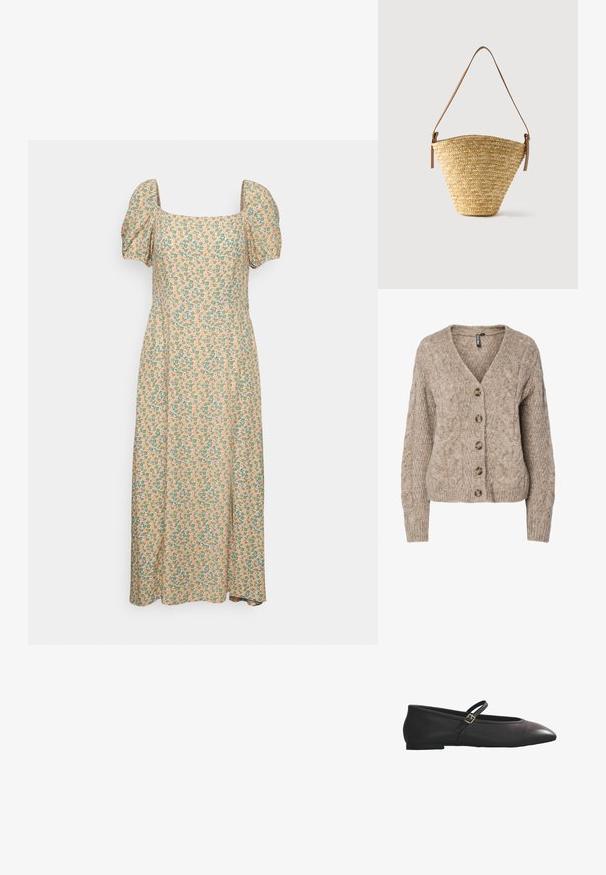 Beige kabelgebreid vest met een V-hals, een knoopsluiting aan de voorkant en geribbelde manchetten. Voorzien van zes bruine knopen en een gestructureerde stof.; Even&Odd by Zalando Jurk - green/pink; Zwarte leren platte Mary Jane-schoen met een puntige neus en een enkele dunne band met kleine gesp op een witte achtergrond.; Gevlochten strooien bucketbag met brede basis, smalle bovenkant en verstelbare bruine leren schouderriem.