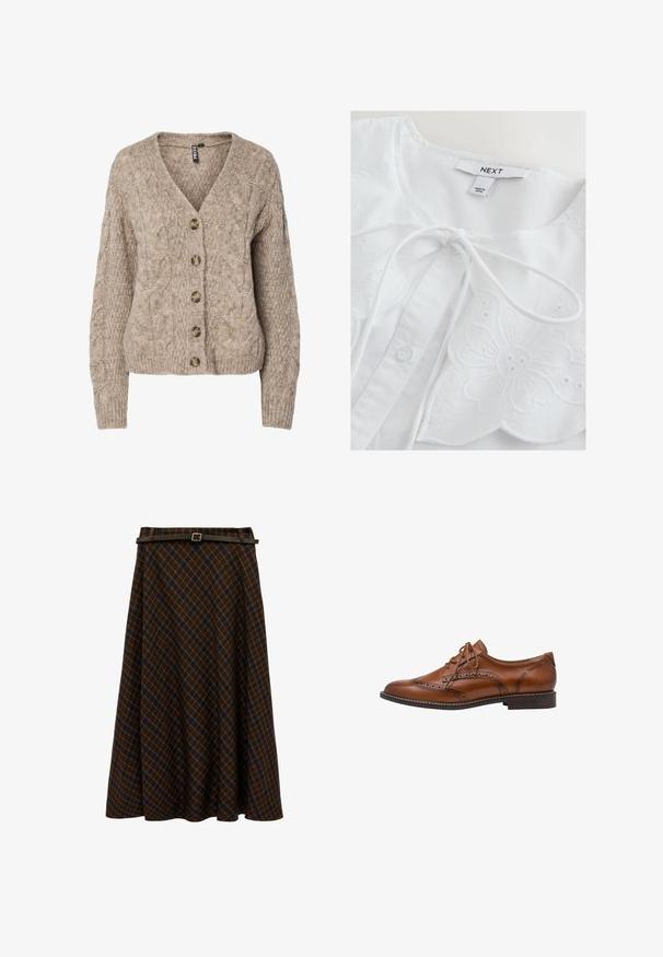 Beige kabelstrikket cardigan med v-hals, knappet front og ribbekanter. Har seks brune knapper og tekstureret stof.; Hvid bluse med blomsterbroderi, der har rund halsudskæring, bindelukning og knapdetaljer. Blødt bomuldsstof med teksturerede accenter.; Brun og marineblå ternet midi-nederdel med A-form og tyndt mørkebrunt bælte med sølvspænde i taljen.; Brun læder brogue oxford sko med vingetip detaljer, perforeringer, snørebånd og lav stablet hæl på hvid baggrund.