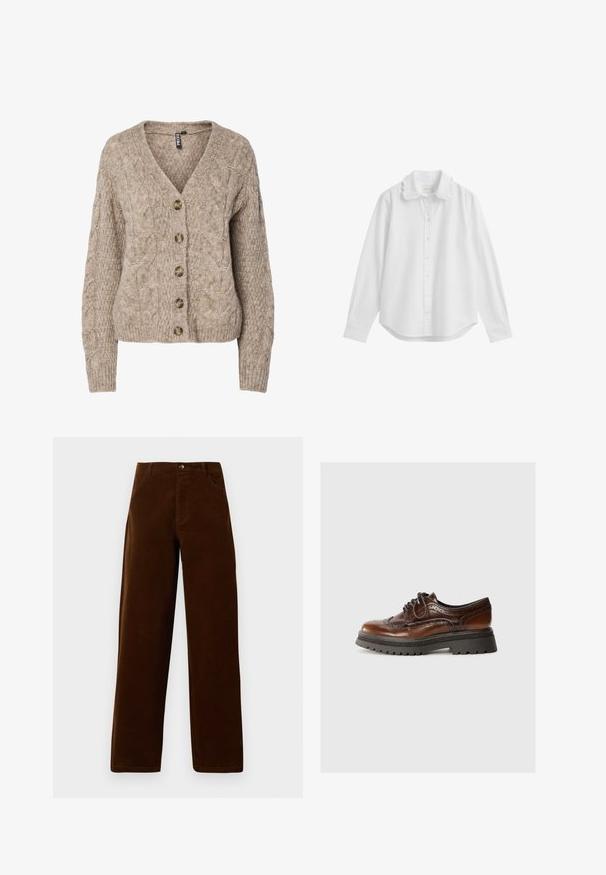 Beige kabelgebreid vest met een V-hals, een knoopsluiting aan de voorkant en geribbelde manchetten. Voorzien van zes bruine knopen en een gestructureerde stof.; Wit overhemd met lange mouwen, knopen, een golvende kraag en met knoopmanchetten, weergegeven op een witte achtergrond.; Bruine corduroy rechte pijpenbroek met zijzakken, riemlussen en knoopsluiting op een witte achtergrond.; Bruine leren veterschoen met brogue-details, rubberen zool en contrasterend zwart gestructureerd plateau. Gladde afwerking met een klassiek ontwerp.
