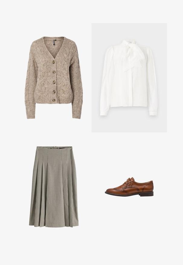 Beige kabelstrikket cardigan med v-hals, knappet front og ribbekanter. Har seks brune knapper og tekstureret stof.; Hvid bluse med høj krave, bånddetalje, lange ærmer med knapmanchetter og et struktureret, stribet stof.; Midlang plisseret nederdel med sort og hvid hundetandsmønster, høj talje og struktureret stof.; Brun læder brogue oxford sko med vingetip detaljer, perforeringer, snørebånd og lav stablet hæl på hvid baggrund.