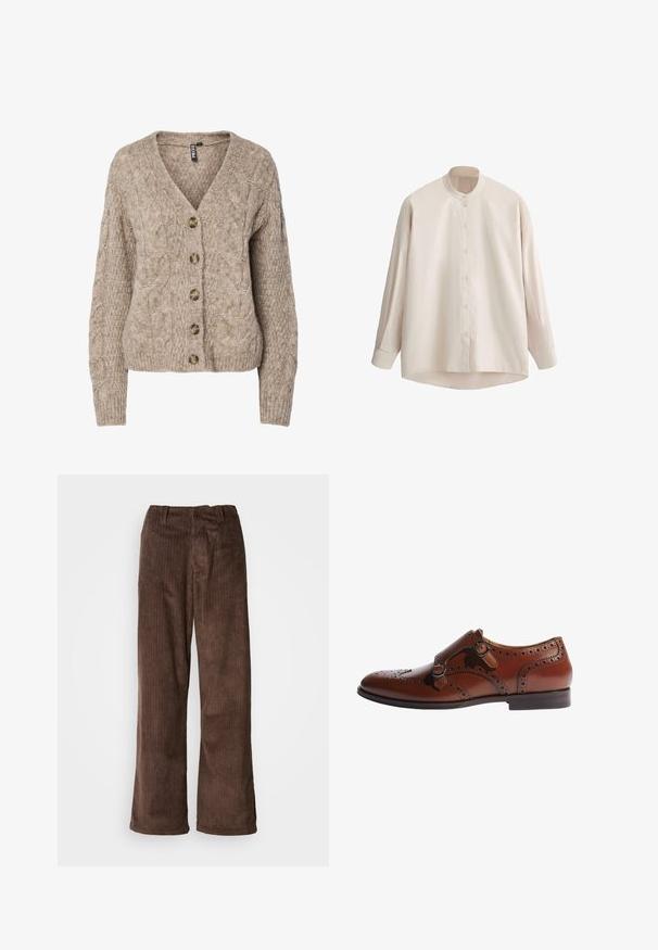 Beige kabelstrikket cardigan med v-hals, knappet front og ribbekanter. Har seks brune knapper og tekstureret stof.; Beige langærmet skjorte med knapper og mandarinkrave samt manchetter, vist på hvid baggrund.; Brune fløjl bukser med en bred benudskæring, der har lodrette ribber og en talje. Stoffet har et blødt, tekstureret udseende.; Scarosso KATE BLUE - Snøresko - brown
