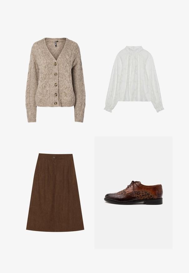 Beige kabelstrikket cardigan med v-hals, knappet front og ribbekanter. Har seks brune knapper og tekstureret stof.; Hvid langærmet bluse med et tekstureret blomstermønster, elastisk halsudskæring og elastiske manchetter. Blød, letvægts stof.; Brun fløjlskørt med en tætsiddende talje og læg, der har en enkelt knaplukning forneden. A-formet, længde til midt på læggen.; Brun lædersko til kjole med krokodilletekstur og leopardprint stofpaneler, snørebånd og kvastdetalje på siden.