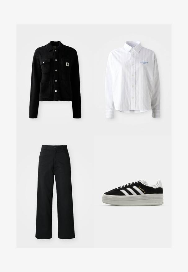 Sort, ribbet cardigan med krave, frontlomme og sølvknapper. Har et logo-patch på brystlommen. Blød tekstur.; Hvid skjorte med lyseblå lodrette striber, en spids krave og et lille blåt logo på venstre bryst. Forarbejdet i bomuldsstof, afslappet pasform.; Sorte vide bukser med flad front, knaplukning og bæltestropper. Fremstillet af holdbart stof med en glat tekstur.; Sort ruskind sneaker med hvide læderdetaljer, tre hvide striber, flade snørebånd og en tyk grå platformsål. Guldfarvet "Gazelle" branding.