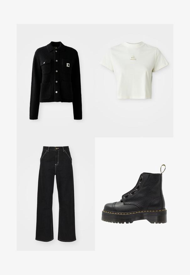 Sort, ribbet cardigan med krave, frontlomme og sølvknapper. Har et logo-patch på brystlommen. Blød tekstur.; Kort hvid cropped t-shirt med et lille beige Nike ACG-logo centreret under halsudskæringen; Svarte jeans med vide ben lavet af denim. Har kontrastfuld hvid syning, forlommer og en knaplukning i taljen.; Sorte læder ankelstøvler med tekstureret overflade, rund tå, snørebåndsdesign, gule stikninger og en tyk, rillet sort platformsål.