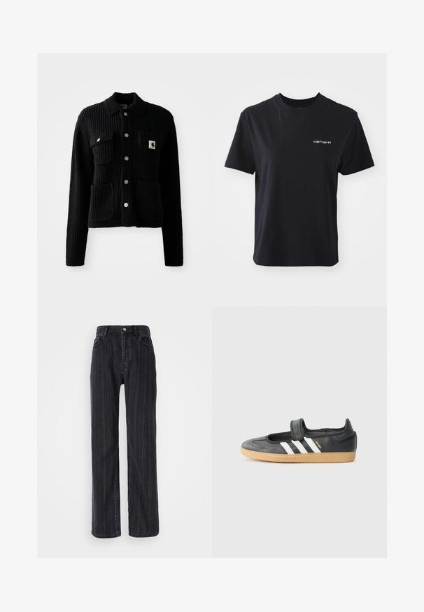 Cardigan noir à côtes avec col, poches avant plaquées et boutons en métal argenté. Présente un patch logo sur la poche poitrine. Texture douce.; T-shirt en coton noir avec col rond, manches courtes et logo "carhartt" blanc sur la poitrine gauche. Texture lisse, coupe standard.; Jean en denim noir taille haute avec un motif rayé vertical, coupe droite et fermeture à bouton métallique à l'avant.; Sneaker en cuir noir et suède avec une sangle Velcro, arborant trois bandes blanches et une semelle en caoutchouc, étiqueté "SAMBA" sur le côté.