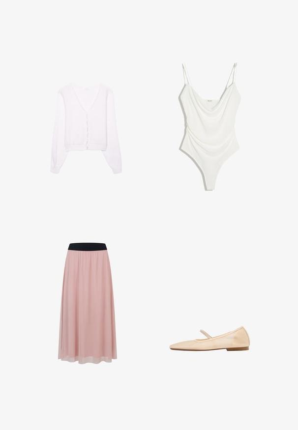 Pull court blanc avec col en V, manches longues et fermeture à boutons ; texture douce avec un subtil motif de tricot.; Body blanc sans manches avec fines bretelles doubles et un col bénitier drapé, conçu pour une coupe ajustée.; Jupe rose longueur cheville avec une couche extérieure transparente et une large ceinture élastique noire.; Chaussure de ballet plate beige avec un bout arrondi, une fine bride sur le cou-de-pied et un petit talon.