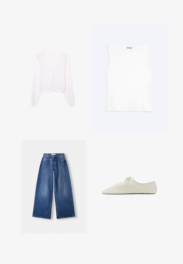 Pull court blanc avec col en V, manches longues et fermeture à boutons ; texture douce avec un subtil motif de tricot.; Débardeur blanc ajusté sans manches avec un col rond et un design minimaliste, étiqueté "WEEKDAY" à l'intérieur du col.; Jeans en denim bleu à jambes larges avec poches avant, passants de ceinture et fermeture par bouton, posés à plat sur un fond clair.; Chaussure plate blanche en cuir minimaliste à bout pointu, lacets à l'avant et semelle noire vue de profil sur fond blanc.