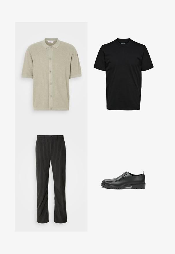 Pull à col polo à manches courtes en tricot côtelé vert clair. Doté d'une fermeture à boutons et d'un tissu texturé avec un design épuré et décontracté.; T-shirt noir uni à manches courtes, col rond, coupe droite sans motifs ni logos visibles.; Pantalons noirs à rayures fines avec une coupe droite. Présente une texture lisse, une fermeture à bouton à l'avant et des passants de ceinture.; Chaussures en cuir noir avec une finition lisse, bout arrondi et coutures décoratives. Elles possèdent une semelle en caoutchouc avec des rainures de traction et un laçage.