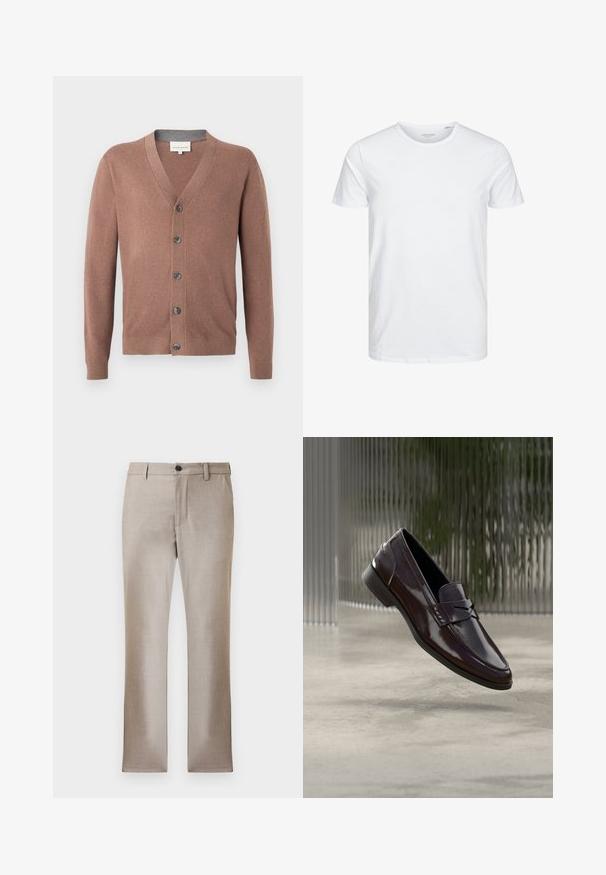 Brun V-hals cardigan med lange ærmer og fem mørke knapper foran, præsenteret på en hvid baggrund.; Rundhals kortærmet t-shirt i ensfarvet hvid, lavet af blød bomuld, har et simpelt design uden synlige mønstre eller detaljer.; Beige skræddersyede bukser i et glat, let stof, med lynlås og knaplukning. Har to sidelommer og en slank lige ben-design.; Brune lædermokkasiner med en blank finish, der har en hævet søm og en lille udskæringsdetalje foran samt en lav sort sål.