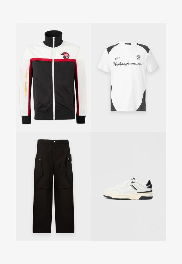 Veste zippée noire et blanche avec des accents rouges. Elle possède un col montant, des panneaux latéraux et un patch "Replay Helmet" sur la poitrine.; T-shirt blanche à manches courtes avec des accents noirs. Présente le logo "REPLAY FC" et le texte "Highperformance" dans une police sportive. Fabriquée à partir d'un matériau lisse.; Pantalons cargo noirs en tissu doux, dotés d'une taille élastique, de poches latérales avec rabats et d'une coupe loose à jambes droites.; Baskets basses blanches avec accents noirs, semelle crème, lacets et texte "Jeans Pepe" sur le panneau latéral.