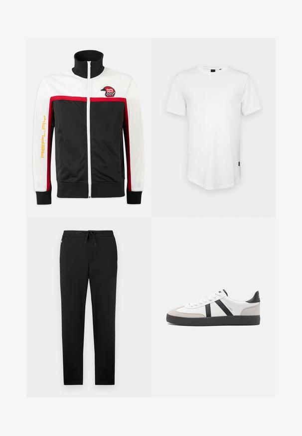Veste zippée noire et blanche avec des accents rouges. Elle possède un col montant, des panneaux latéraux et un patch "Replay Helmet" sur la poitrine.; T-shirt blanc à manches courtes en coton, avec un col rond et un dos légèrement allongé, arborant un petit logo sur le côté.; Jack & Jones Joggers Tapered Fit - Pantalon classique - black; Baskets blanches avec des accents noirs et gris, présentant un embout texturé gris, une semelle en caoutchouc noir et des lacets plats blancs. Design épuré, style minimaliste.