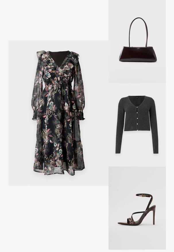 Mørkegrå ribbet cardigan med lange ærmer, V-udskæring og seks dekorative perleknapper foran. Croppet længde.; Maxikjole med blomsterprint og lange, gennemskinnelige ærmer. Sort stof med blomster i pink, turkis og guld. Smocket talje og flæset halsudskæring.; Bordeaux laker læder højhælede sandal med ankelrem, spids tå og tre vandrette remme over foden. Detalje med spænde i guldtonet.; Sort rektangulær lædertaske med lange tynde stropper og lille "ALDO" logo i midten foran.