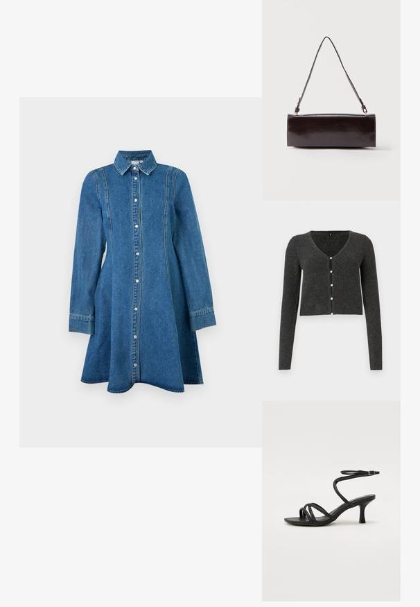Dunkelgraue gerippte Strickjacke mit langen Ärmeln, V-Ausschnitt und sechs dekorativen Perlenknöpfen auf der Vorderseite. Kürzere Länge.; Blaues Denim-Kleid mit langen Ärmeln, Kragen, Knopfleiste vorne und Nahtdetails, das am Saum leicht ausgestellt ist.; Even&Odd Wide Fit by Zalando Riemensandalette - black; Rechteckige schwarze Ledertasche mit einem einzelnen langen Riemen und glänzendem Finish, vor einem schlichten weißen Hintergrund präsentiert.
