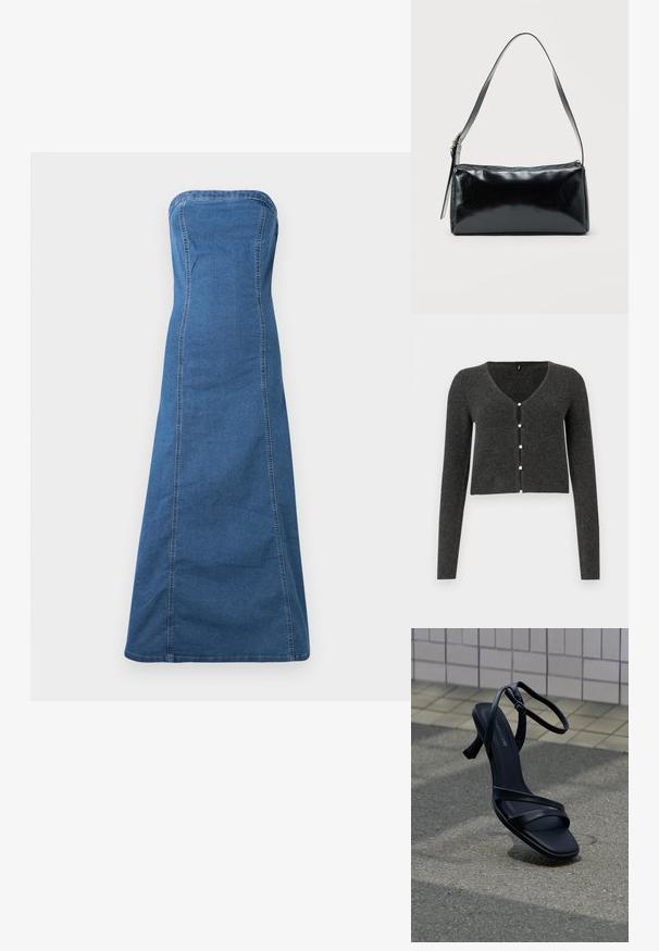 Mørkegrå ribbet cardigan med lange ærmer, V-udskæring og seks dekorative perleknapper foran. Croppet længde.; Blå denim stropløs kjole i medium farve med en lige silhuet, der har synlige sømme og en glat tekstur.; Sort højhælet sandal med stropper og ankelspænde, der svæver over tekstureret gråt fortov med flisebelagt væg i baggrunden.; Sort rektangulær skuldertaske med en enkelt justerbar rem og lynlås i toppen på en ensfarvet baggrund.