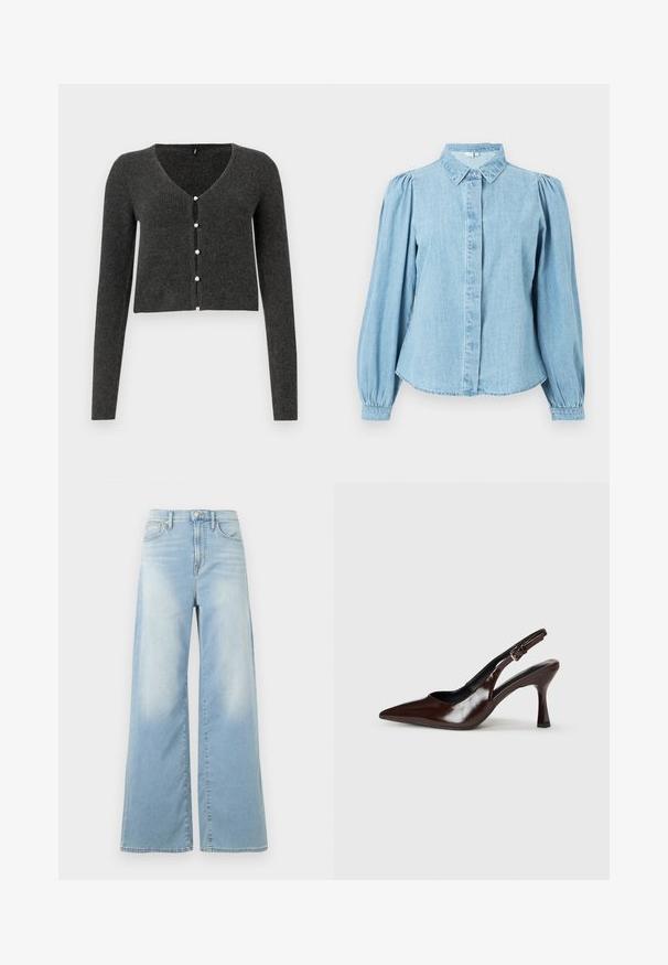 Mørkegrå ribbet cardigan med lange ærmer, V-udskæring og seks dekorative perleknapper foran. Croppet længde.; Lyseblå denimskjorte med spids krave, knapper foran og lange pufærmer. Glat tekstur med rundet kant forneden.; Lyseblå jeans med vide ben og høj talje, forrest med knapper og lommer, vist mod en hvid baggrund.; Brune patenterede læderslingback-sandaletter med spids tå, en tynd hæl og justerbar rem med en lille spænde.