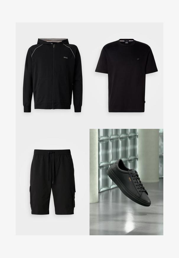 Sweat à capuche noir zippé intégralement, manches longues, doublure gris clair, petit logo « BOSS » sur la poitrine et poches avant.; T-shirt en coton noir avec col rond, manches courtes et petit logo sur le côté gauche. Design simple et texture lisse.; Shorts cargo noirs en tissu léger, dotés d'une taille élastique, d'un cordon de serrage et de poches cargo latérales pour un rangement supplémentaire.; Baskets basses en cuir noir avec lacets noirs et logo BOSS doré sur le côté, flottant au-dessus d’un sol gris brillant dans un espace intérieur moderne.