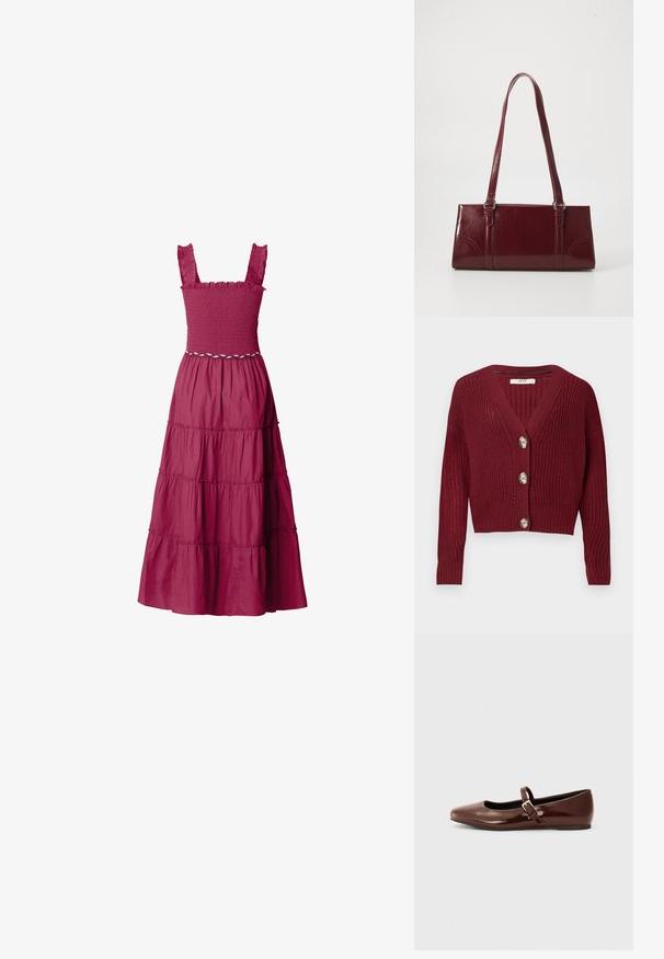 Cárdigan de punto burdeos con escote en V, mangas largas, puños de canalé y tres grandes botones redondos en la parte delantera.; Vestido maxi sin mangas de color rosa oscuro con cuerpo fruncido, tirantes con volantes, falda de capas y cinturón decorativo de cuerda blanca en la cintura.; Bailarina de charol marrón con punta cuadrada y tira que presenta una pequeña hebilla dorada. Textura suave, tacón bajo y diseño minimalista.; Bolso burdeos hecho de material brillante, de forma rectangular, con dos asas para el hombro y sutiles acentos curvados en la parte frontal.