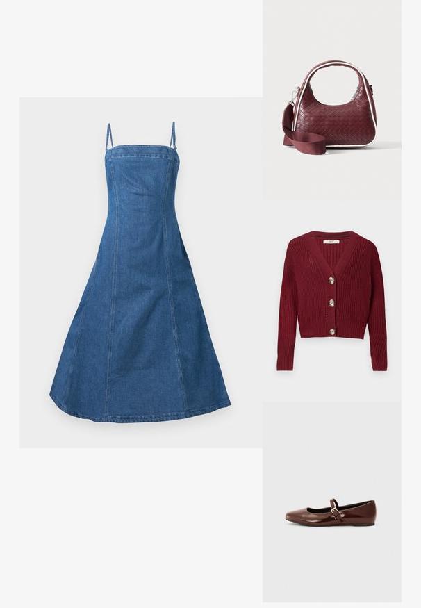 Vinrød strikket cardigan med V-hals, lange ærmer, ribbede manchetter og tre store runde knapper foran.; Blå denim midi kjole med tynde skulderstropper, tætsiddende overdel og skørt med vidde på en ensfarvet lys baggrund.; Brun patentlæder balletflade med firkantet tå og strop med en lille guldbuckle. Glat tekstur, lav hæl og minimalistisk design.; Mørkerød vævet lædertaske med buet hank, hvid kant, sølv lynlås og aftagelig bred stofskulderrem mod en ensfarvet baggrund.