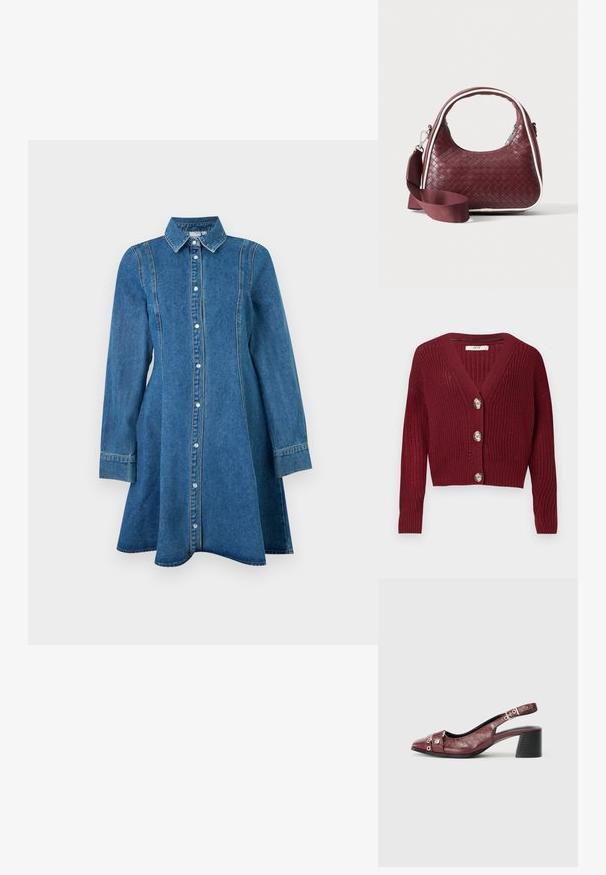 Bordeaux gebreid vestje met V-hals, lange mouwen, geribde manchetten en drie grote ronde knopen aan de voorkant.; Blauwe denim jurk met lange mouwen, kraag, knoopsluiting aan de voorkant en naaddetails, licht uitlopend aan de zoom.; Bordeaux leren slingback schoen met een ronde neus, gebogen ontwerp, zilveren hardware accenten en een blokhak. Textuurafwerking.; Donkerrode geweven leren handtas met gebogen handvat, witte bies, zilveren rits en afneembare brede stoffen schouderriem tegen een effen achtergrond.