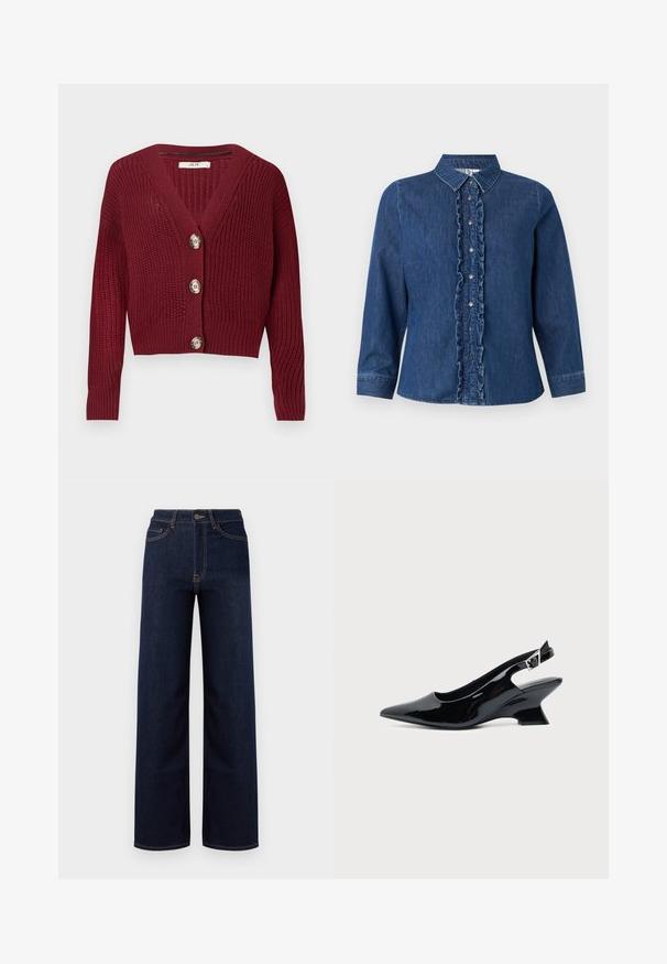 Cárdigan de punto burdeos con escote en V, mangas largas, puños de canalé y tres grandes botones redondos en la parte delantera.; Camisa de denim de manga larga, color azul oscuro, con pliegues en la parte delantera, cierre de botones y diseño de cuello clásico.; Jeans de corte amplio en azul oscuro hechos de denim, con una cintura alta, cuatro bolsillos y costuras en contraste a lo largo de las costuras.; Zapato slingback de cuero charol negro con puntera puntiaguda y tacón bajo en bloque inclinado sobre fondo claro liso.