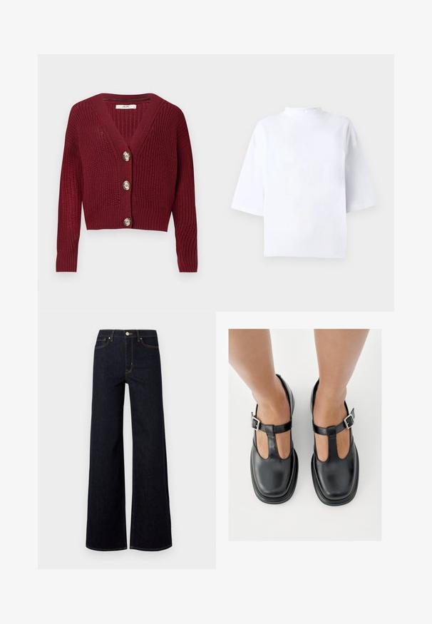 Vinrød strikket cardigan med V-hals, lange ærmer, ribbede manchetter og tre store runde knapper foran.; Hvid bomulds t-shirt med korte ærmer, høj, rund hals og løs pasform. Glat tekstur uden synlige mønstre eller detaljer.; Mørkeblå brede jeans lavet af denim, med høj talje, kontraststing og en enkelt metalknap foran.; Sorte lædersko med T-rem-design, lukket tå og sølvfarvede spændeaccenter. Glat tekstur med rundet tå og flad sål.