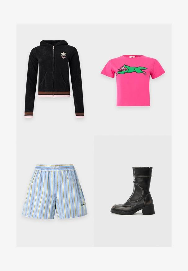 Sweat à capuche noir zippé avec poches avant, poignets et ourlet rayés rose et marron, et petit emblème couronne et cœur sur la poitrine.; Top court à manches courtes rose vif avec un chien en course de style dessin animé vert aux dents pointues imprimé sur la poitrine.; Boxers bleu clair avec des rayures verticales jaunes, blanches et marron, taille élastique, deux boutons devant et petit logo brodé sur la jambe.; Bottine en cuir noir avec un embout arrondi, des accents texturés, des coutures détaillées et un talon épais. Fermeture éclair sur le côté et finition lisse.