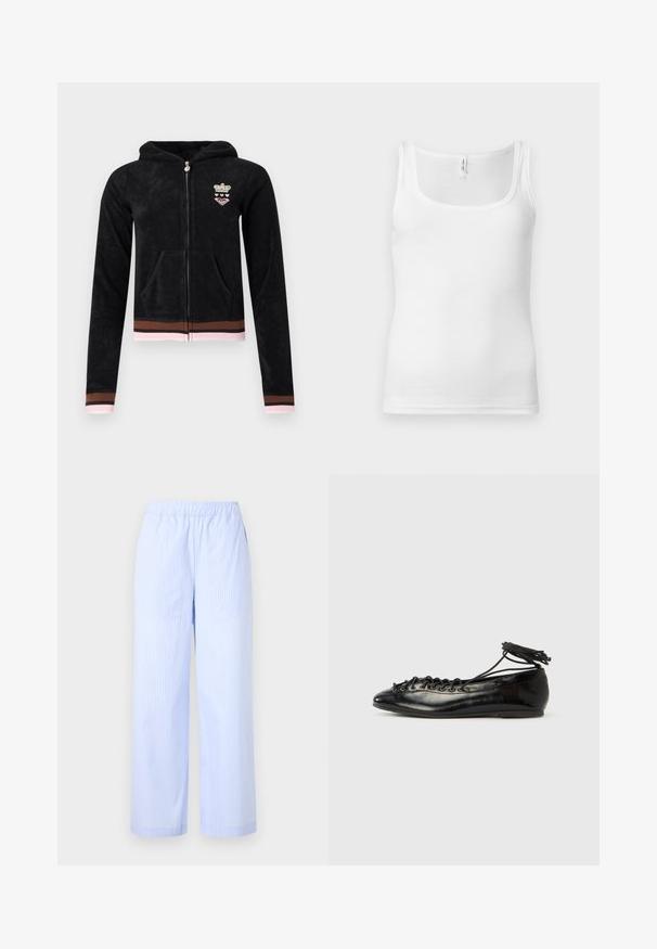 Sweat à capuche noir zippé avec poches avant, poignets et ourlet rayés rose et marron, et petit emblème couronne et cœur sur la poitrine.; Débardeur en coton blanc avec encolure dégagée, fines bretelles et coupe ajustée. Texture lisse et style minimaliste.; Pantalon rayé bleu clair avec une taille élastique, une coupe large, des poches latérales et une texture lisse. Pas d'embellissements supplémentaires.; Ballerines en cuir verni noir avec un bout rond, un design à lacets et une semelle plate. Texture lisse avec peu de détails.