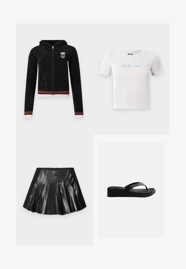 Sweat à capuche noir zippé avec poches avant, poignets et ourlet rayés rose et marron, et petit emblème couronne et cœur sur la poitrine.; T-shirt en coton blanc à manches courtes, avec un logo en script "Santa Cruz" bleu clair et un graphique de cœur au centre.; Jupe plissée noire avec un devant en cuir brillant et une ceinture noire unie ornée d'un petit détail métallique. Des panneaux en cuir texturé rehaussent le design.; Sandale tongs compensée noire avec semelle texturée et fines lanières arborant un logo discret sur un fond blanc uni.