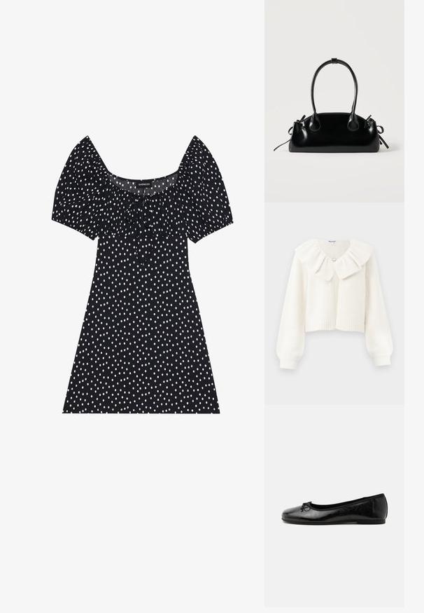 Cardigan blanc court avec des poignets et un ourlet côtelés, doté d'un grand col froncé et d'un bouton argent décoratif au niveau du col.; Robe noire courte avec des pois blancs irréguliers, manches ballons, décolleté carré et détail de nœud à l'avant.; Ballerine en cuir noir brillant avec petit talon et petit nœud décoratif sur l'avant, vue de côté sur fond clair uni.; Petit sac à main noir brillant avec deux longues anses et des détails à cordon sur les côtés sur un fond clair uni.