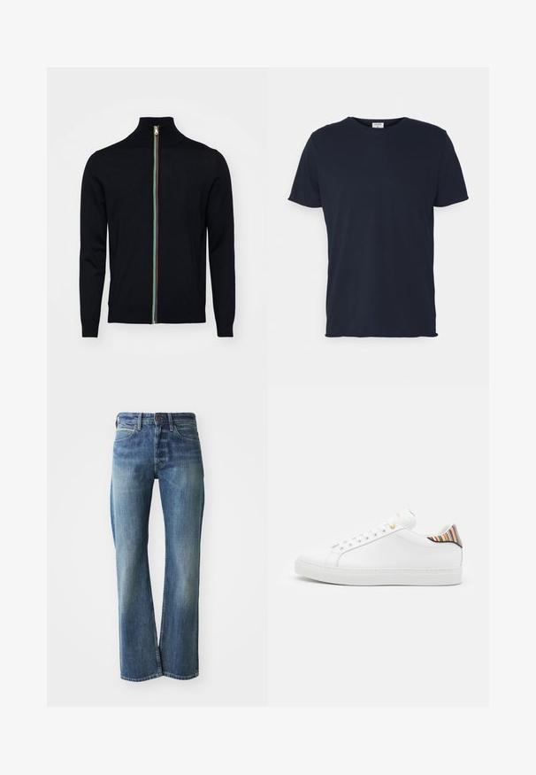 Paul Smith MEN CARDIGAN ZIP - Ζακέτα - black; Μπλε ναυτικού βαμβακερό t-shirt με στρογγυλή λαιμόκοψη και κοντά μανίκια, με λεία υφή και απλό σχέδιο, χωρίς ορατά μοτίβα ή λεπτομέρειες.; Τζιν παντελόνι σε ανοιχτό προς μέτριο μπλε χρώμα, με ίσια γραμμή, κλασικό σχέδιο πέντε τσεπών και διακριτική φθορά στο εμπρός μέρος.; Λευκό δερμάτινο παπούτσι με λείο φινίρισμα, που διαθέτει πολύχρωμη ριγέ λεπτομέρεια στη φτέρνα, χρυσό μεταλλικό στοιχείο και επίπεδη λευκή σόλα.