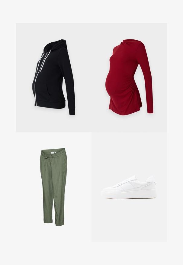 Sort graviditets hoodie lavet af blødt stof, med lynlås foran, to sidelommer, lange ærmer og en foret hætte med hvide snore.; Langærmet rød graviditetstop i ribbet tekstur, med en draperet halsudskæring og sidelæggede detaljer for at rumme en voksende mave.; Letvægtsbukser i olivengrøn med en afslappet pasform. Har elastisk talje med snøre, opbukket kant og sidelommer.; Hvid lavtop-sneaker med tyk sål, snørelukning og diskrete syningsdetaljer på en ensfarvet lys baggrund.