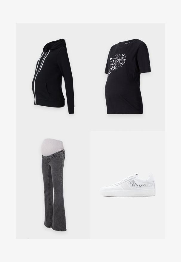 Haut de maternité noir en tissu doux, avec une fermeture éclair sur le devant, deux poches latérales, des manches longues et une capuche doublée avec des cordons blancs.; T-shirt de maternité noir à manches courtes avec un graphique blanc de cœurs et le texte "Prête à éclater". Fabriqué en coton doux.; Jean de maternité avec une taille élastique grise ajustée, des jambes évasées et une finition en denim gris foncé, présentant des coutures standard et des poches.; Baskets blanches avec une tige en cuir lisse, des accents en daim, des détails en mesh et une semelle en caoutchouc texturée. Comprend des lacets plats et un logo sur le côté.