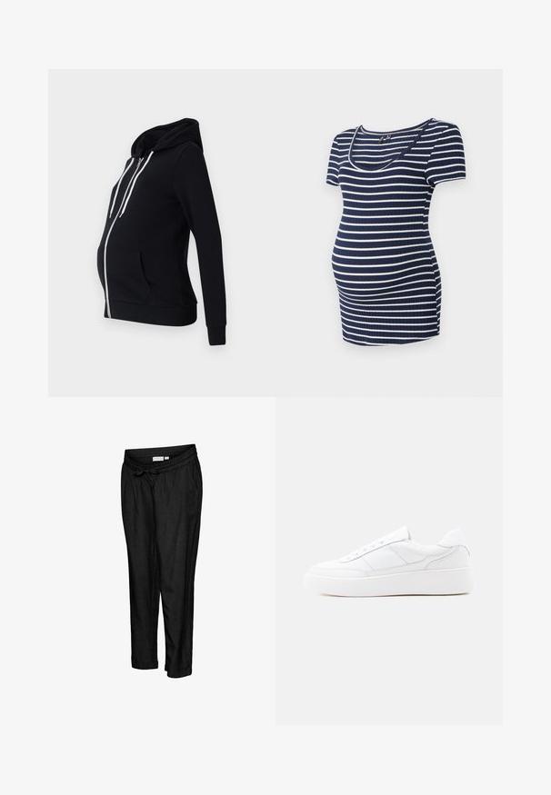 Zwarte zwangerschapshoodie van zacht materiaal, met een rits aan de voorkant, twee zijzakken, lange mouwen en een gevoerde capuchon met witte trekkoorden.; Navy en witte gestreepte zwangerschapsblouse, korte mouwen, ronde halslijn, geribbeld textuur, aansluitend met extra ruimte voor een groeiende buik.; Zwarte linnen joggerbroek met een elastische tailleband met trekkoord, zijzakken en een ontspannen pasvorm. Klassiek omgebogen zoom.; Witte lage sneaker met dikke zool, veterontwerp en subtiele stikselaccenten op een effen lichte achtergrond.