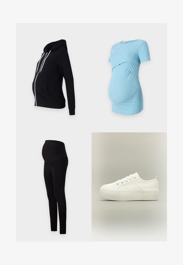 Sudadera de maternidad negra hecha de tela suave, con cremallera frontal, dos bolsillos laterales, mangas largas y capucha forrada con cordones blancos.; Top de maternidad azul claro con franjas y mangas cortas, con un diseño cruzado en la cintura, diseñado para la comodidad y la elasticidad.; Leggings de maternidad negros con una cintura alta y ajustada y bolsillos, hechos de una tela elástica y suave para mayor comodidad y soporte.; Zapatilla de plataforma blanca con suela gruesa y texturizada, cordones delanteros y detalles sutiles de costura sobre un fondo neutro.