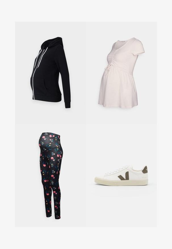 Zwarte zwangerschapshoodie van zacht materiaal, met een rits aan de voorkant, twee zijzakken, lange mouwen en een gevoerde capuchon met witte trekkoorden.; Anna Field MAMA T-shirt basic - pink; Pieces Maternity PMHIMA - Legging - black; Witte leren sneaker met een gestructureerde beige rubberen zool, voorzien van een opvallend bruin "V"-logo aan de zijkant en bijpassende suède accenten.