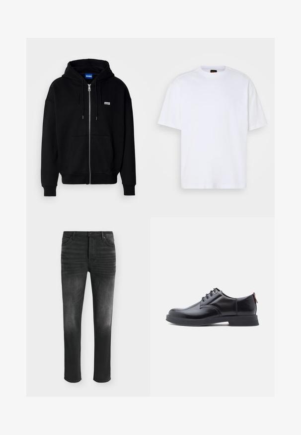 Zwarte ritshoodie van zacht materiaal, met een voorkantzak, een capuchon met koorden en een klein wit logo op de linkerborst.; Witte katoenen T-shirt met ronde hals, korte mouwen en een ontspannen pasvorm. Heeft textuur op de schoudernaden voor extra detail.; Zwarte skinny-fit jeans met vervaagde details, vijfzakkenstijl en knoopsluiting in de taille.; Zwarte leren veter schoenen met een gladde textuur, ronde neus en subtiel stiksel detail. Voorzien van een rode trekband op de hiel.