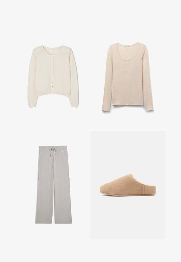 Zacht roomkleurig gebreid vest met lange mouwen en zeven knopen aan de voorkant, voorzien van een ronde halslijn en geribbelde manchetten en zoom.; Beige longsleeve met ronde hals, licht gegolfde zoom en zachte, lichte stof.; Lichtgrijze broek met wijde pijpen en dunne verticale strepen, taille met trekkoord en klein wit Puma-logo aan de bovenste linkerkant.; Beige suède instapslof met zachte voering en platte zool, gesloten neus, open achterkant en subtiel "UGG" logo aan de zijkant.