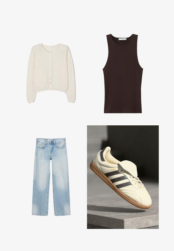 Cardigan en maille douce de couleur crème avec manches longues et sept boutons à l'avant, doté d'un col rond, de poignets et d'un ourlet côtelés.; Débardeur côtelé sans manches de couleur brun foncé avec encolure ronde, coupe ajustée, et petite étiquette de marque à l'intérieur du col.; Jean bleu clair à jambes larges avec cinq poches, passants pour ceinture, fermeture par bouton et légère décoloration sur l'avant des cuisses et des genoux.; Baskets en cuir crème avec trois bandes sombres, une semelle extérieure en gomme marron et un bout arrondi. Présentent une languette pliable étiquetée "SAMBA."