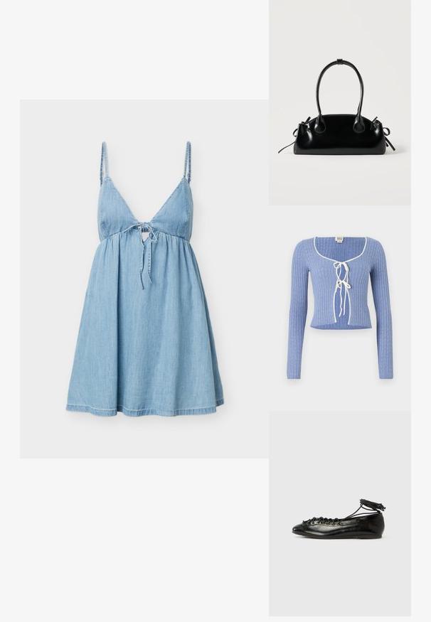 Helles blaues geripptes Crop-Top mit langen Ärmeln, das einen quadratischen Ausschnitt und weiße Bänder an der Vorderseite hat. Texturiertes Muster über das ganze Top.; Hellblaues ärmelloses Jeanskleid mit dünnen Trägern und vorn gebundener Schleife, mit tailliertem Oberteil und ausgestelltem Rock.; Schwarze Ballerinas aus Lackleder mit runder Spitze, Schnürdesign und flacher Sohle. Glatte Textur mit minimaler Verzierung.; Kleine schwarze glänzende Handtasche mit zwei langen Griffen und seitlichen Kordelzug-Details vor einfachem hellem Hintergrund.