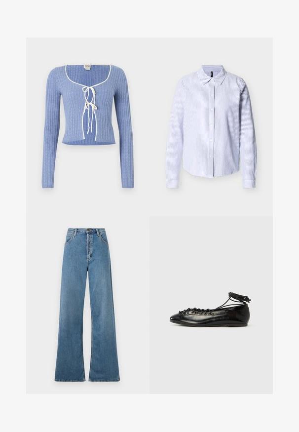 Helles blaues geripptes Crop-Top mit langen Ärmeln, das einen quadratischen Ausschnitt und weiße Bänder an der Vorderseite hat. Texturiertes Muster über das ganze Top.; Langärmeliges Hemd mit Knöpfen, blauen und weißen vertikalen Streifen und spitzem Kragen, dargestellt vor einem schlichten weißen Hintergrund.; Hellblaue weite Jeans mit hoher Taille, ausgestattet mit vorderen Taschen und einem Reißverschluss, vor einem weißen Hintergrund präsentiert.; Schwarze Ballerinas aus Lackleder mit runder Spitze, Schnürdesign und flacher Sohle. Glatte Textur mit minimaler Verzierung.