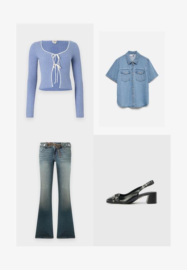 Helles blaues geripptes Crop-Top mit langen Ärmeln, das einen quadratischen Ausschnitt und weiße Bänder an der Vorderseite hat. Texturiertes Muster über das ganze Top.; Hellblaues Denim-Kurzarmhemd mit Knopfleiste, spitzem Kragen und zwei vorderen Brusttaschen mit Knöpfen.; Ausgestellte Jeans aus Denim in einem Farbverlauf von Hell- zu Dunkelblau, mit einem bestickten Taillenbund und einem braunen Kordelzug als zusätzliches Detail.; Schwarze Leder-Slingback-Pumps mit spitzem Vorderteil, strukturiertem Riemen mit runden metallischen Akzenten und gestapeltem Blockabsatz.