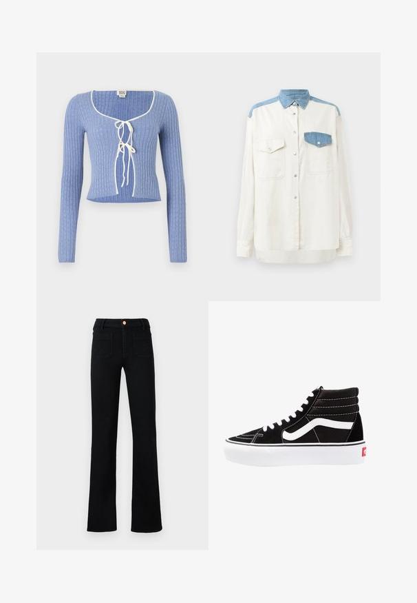 Helles blaues geripptes Crop-Top mit langen Ärmeln, das einen quadratischen Ausschnitt und weiße Bänder an der Vorderseite hat. Texturiertes Muster über das ganze Top.; Langärmliges cremefarbenes Hemd mit Denim-Kragen und Schulterakzenten, ausgestattet mit zwei vorderen Knopftaschen und metallenen Druckknöpfen in der Mitte.; Schwarze hochtaillierte Jeans im Straight-Leg-Schnitt mit aufgesetzten Vordertaschen und einem kupferfarbenen Knopfverschluss auf neutralem Hintergrund.; Schwarze High-Top-Sneaker mit weißen Schnürsenkeln, einem weißen Logo und kontrastierendem weißen Nähten. Verfügt über eine dicke weiße Sohle und ein strukturiertes Wildleder-Obermaterial.