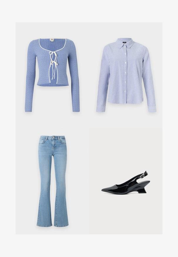 Svetlomodrý rebrovaný crop top s dlhými rukávmi, s obdĺžnikovým výstrihom a bielymi viazaniami vpredu. Po celom povrchu textúrovaný vzor.; Košeľa s dlhým rukávom na gombíky s bielymi a svetlomodrými vertikálnymi pruhmi a špicatým golierom zobrazená na jednofarebnom pozadí.; Svetlomodré rozšírené džínsy s vysokým pásom, vyrobené z denimu. Obsahujú päť vreciek a zapínanie na gombík. Hladká textura s jemným vyblednutím.; Čierna lakovaná slingback topánka so špicatou špičkou a nízkym šikmým blokovým opätkom na jednoduchom svetlom pozadí.