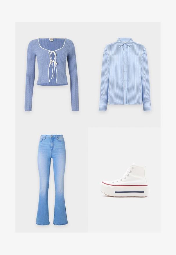 Svetlomodrý rebrovaný crop top s dlhými rukávmi, s obdĺžnikovým výstrihom a bielymi viazaniami vpredu. Po celom povrchu textúrovaný vzor.; Košeľa na gombíky v svetlomodrej farbe s bielymi vertikálnymi pruhmi. Má golier s dlhými rukávmi a gombíkovými manžetami. Hladká textúra.; Svetlomodré rozšírené džínsy s vysokým pásom, vyrobené z denimu. Majú hladkú textúru a jemné vyblednutie smerom k spodnému okraju. Klasický dizajn s piatimi vreckami.; Biely vysoký teniska s hrubou platformovou podrážkou, červenými a modrými pruhmi na podrážke, bielymi šnúrkami a kovovými očkami, bočný pohľad na jednoduchom pozadí.
