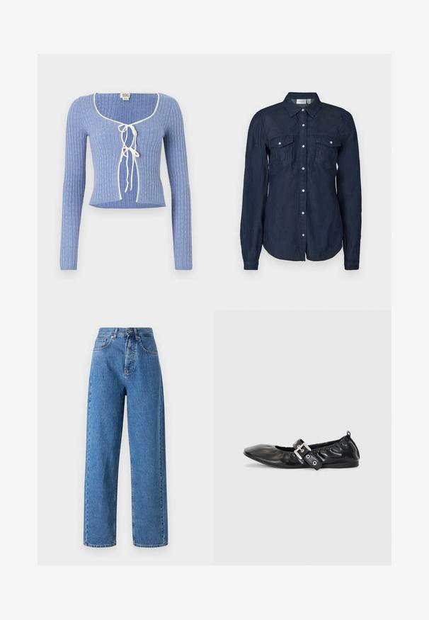 Svetlomodrý rebrovaný crop top s dlhými rukávmi, s obdĺžnikovým výstrihom a bielymi viazaniami vpredu. Po celom povrchu textúrovaný vzor.; Námornícky modrá košeľa s gombíkmi vyrobená z ľahkej tkaniny, ktorá má dve predné vrecká, dlhé rukávy a klasický golier s zakriveným lemom.; Džíny s vysokým pásom a rovnými nohavicami v svetlom modrom denime. Obsahujú predné zapínanie na gombík, päť vreciek a viditeľné švy.; Čierna kožená plochá obuv s špicatou špičkou, zberaným detailom okolo otvoru a strieborným prackovým akcentom na nastaviteľnom remienku.