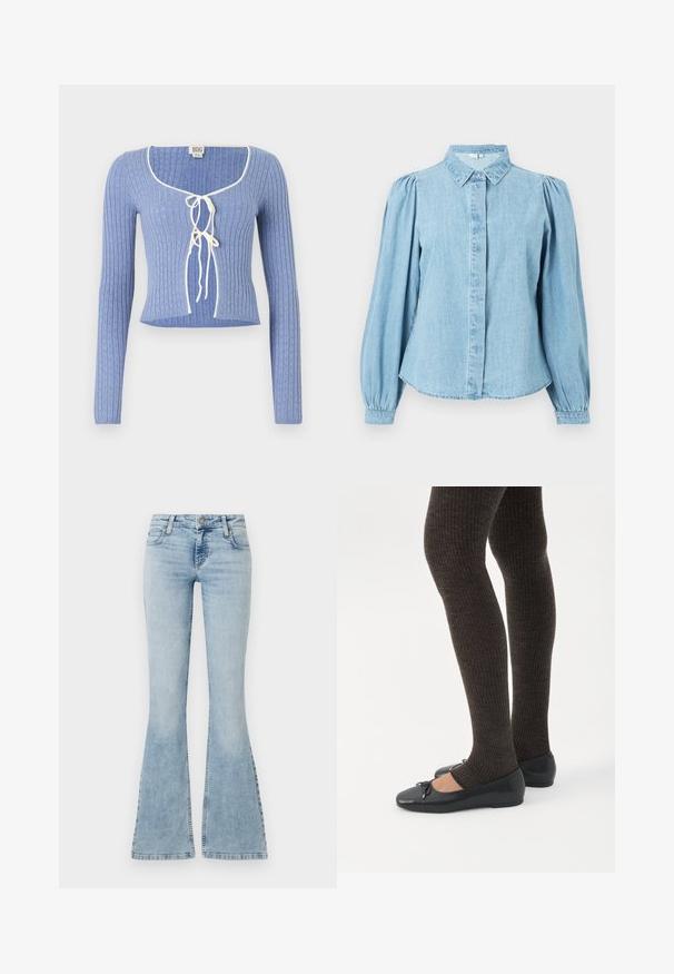 Svetlomodrý rebrovaný crop top s dlhými rukávmi, s obdĺžnikovým výstrihom a bielymi viazaniami vpredu. Po celom povrchu textúrovaný vzor.; Svetlomodrá džínsová košeľa so špicatým golierom, zapínaním na gombíky vpredu a dlhými nafúknutými rukávmi. Hladká textúra s zaobleným lemom.; Svetlomodré denimové nohavice s rozšírenými nohavicami, stredne vysokým pásom, piatimi vreckami a vyšitými detailmi pozdĺž švov, s kovovým zapínaním na gombík.; Nohy v tmavých pásikavých legínach v kombinácii s čiernymi balerínkami s malými mašličkami na bielom pozadí.
