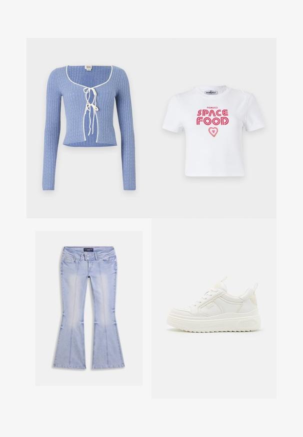 Svetlomodrý rebrovaný crop top s dlhými rukávmi, s obdĺžnikovým výstrihom a bielymi viazaniami vpredu. Po celom povrchu textúrovaný vzor.; Biely bavlnený tričko s červeným grafickým textom "SPACE FOOD" so srdiečkovým akcentom, krátke rukávy a okruhly výstrih.; Svetlomodré džínsy s rozšírenými nohavicami, prednými a zadnými vreckami, dvojitým zapínaním na gombíky a viditeľným prešitím na celom povrchu.; Biele kožené tenisky s masívnou podrážkou, viazaním a decentným brandingom. Majú hladký povrch a okrúhlu špičku.
