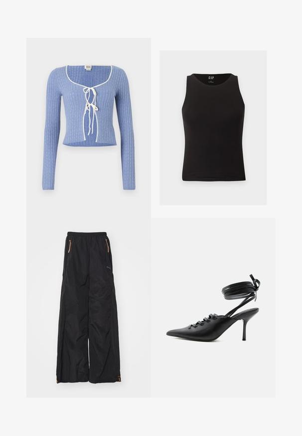 Helles blaues geripptes Crop-Top mit langen Ärmeln, das einen quadratischen Ausschnitt und weiße Bänder an der Vorderseite hat. Texturiertes Muster über das ganze Top.; Schwarzes ärmelloses, figurbetontes Tanktop mit rundem Ausschnitt, Größe S, vor hellem Hintergrund präsentiert.; Schwarze, weite Hosen aus leichtem Stoff mit elastischem Bund, zwei Reißverschlusstaschen und orangefarbenen Hardware-Akzenten.; Schwarzer spitzer High-Heel-Schuh mit Schnürung vorne und wickelnden Knöchelriemen, die zu einer Schleife gebunden sind, von der Seite auf weißem Hintergrund gezeigt.