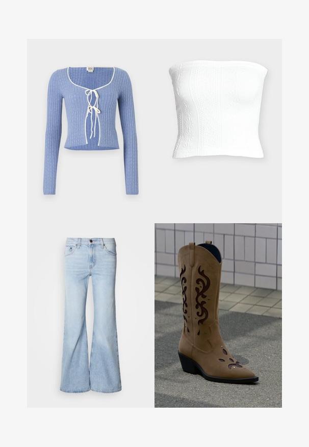 Svetlomodrý rebrovaný crop top s dlhými rukávmi, s obdĺžnikovým výstrihom a bielymi viazaniami vpredu. Po celom povrchu textúrovaný vzor.; Biely bezramienkový pletený krátky top s kvetinovými a textúrovanými vzormi, priliehavý strih.; Svetlomodré džínsové nohavice s rozšírenými nohavicami, vysoký pás, denimová tkanina, päť vreciek a zapínanie na gombík. Nohavice sú široké a majú mierne vyblednutý vzhľad.; Semišová kovbojská čižma béžovej farby s tmavohnedými ozdobnými výrezmi a prešívaním, stojaca na chodníku pred obloženou stenou.