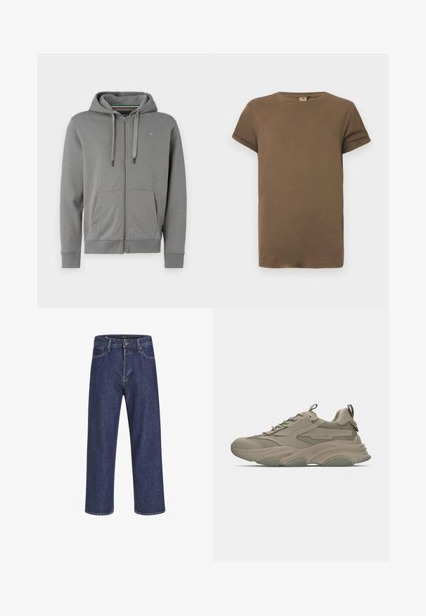 Graue Zip-up Hoodie aus weichem Stoff, mit Kapuze, zwei Fronttaschen und gerippten Bündchen, mit einem Logo auf der linken Brust.; Braunes kurzärmliges Baumwoll-T-Shirt mit rundem Ausschnitt und aufgerollten Ärmeln, auf einem schlichten weißen Hintergrund präsentiert.; Dunkelblaue Denim-Jeans mit geradem Schnitt, Fünf-Taschen-Design, Metallknopfverschluss und kontrastierenden Nähten, die eine dezente Textur aufweisen.; Beige Sneaker mit einer Kombination aus Mesh und glattem Material, dicker Sohle, auffälliger Dämpfung und strukturierten Akzenten an der Seite und Ferse.